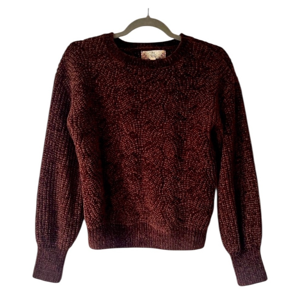 Pink Rose Chenille Sweater XS Brown Cable Knit Textured Pullover Cozy Soft